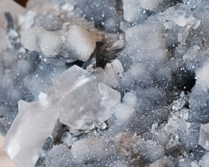 Fluorite & Calcite on Druzy Quartz Specimen
